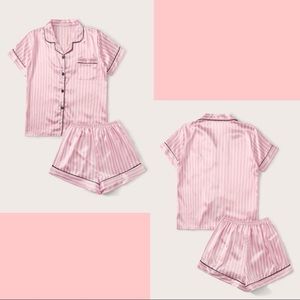 New Pink Striped Satin Silk-Like PJ Set
